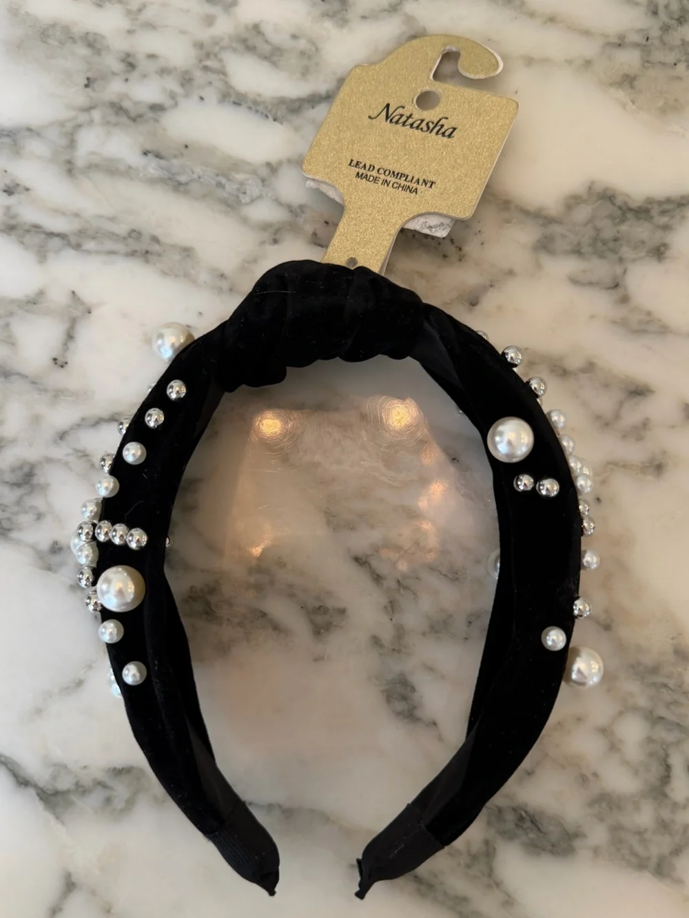 NWT Natasha Couture Black Velvet Pearl Rhinestone Knotted Headband Embellished